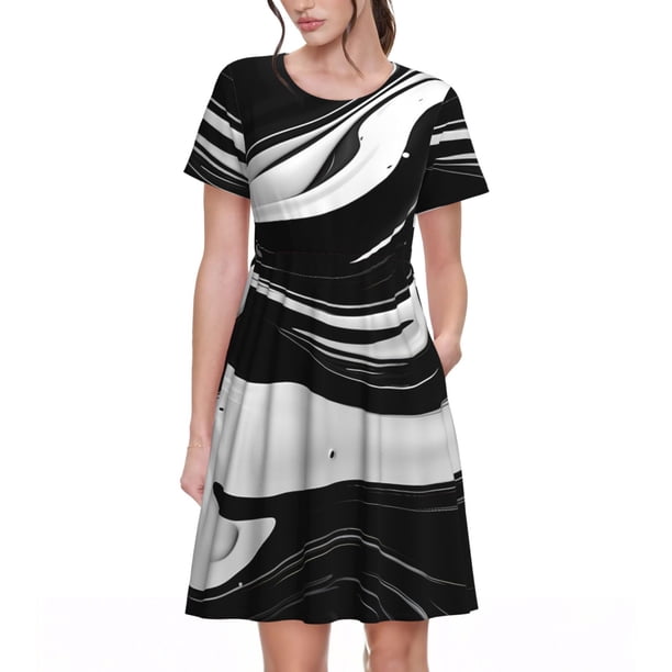 Fotbe Abstract Black White Swirls Vestido Largo de Moda para Mujer, Vestido Tipo Camiseta con Manga Corta y Estilo Casual a Rayas y Bloques de Color