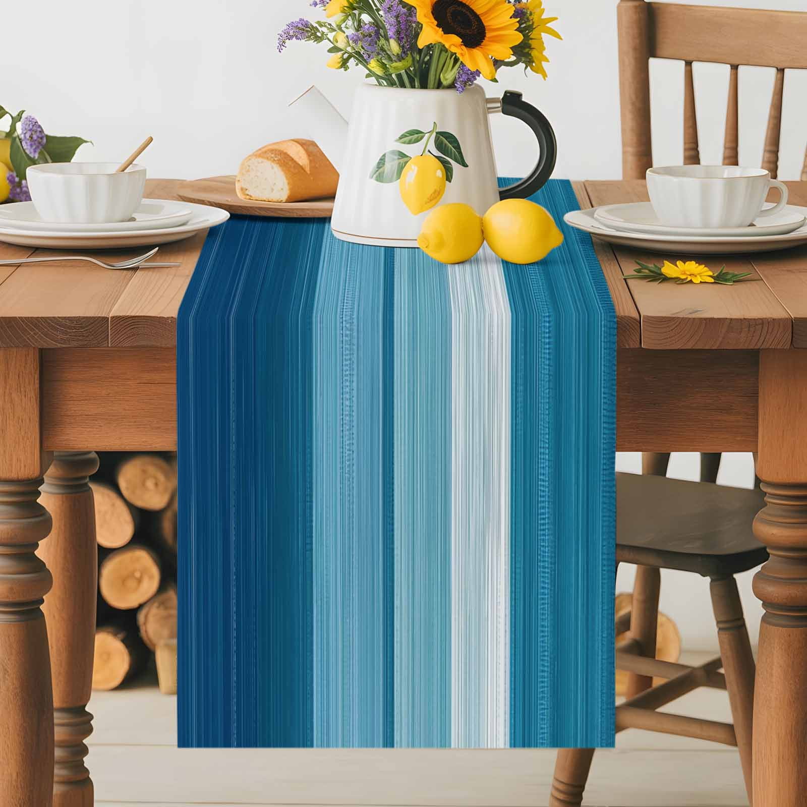 Blue White Gradient Ocean Wave Table Runner 90 Inches Long, Abstract Geometric Line Table Runners Tabletop Scarf Kitchen Dining Tables Decoration for Home Party Indoor Outdoor