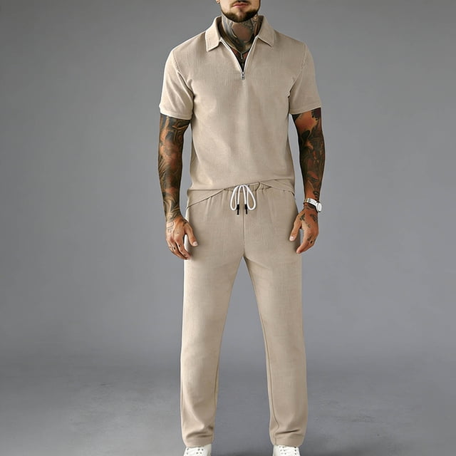 Ceisia Men's Slim Fit Corduroy 2-Piece Set Half-Zip Polo Short Sleeve T-Shirt with Elastic Waist Drawstring Pants Gifts
