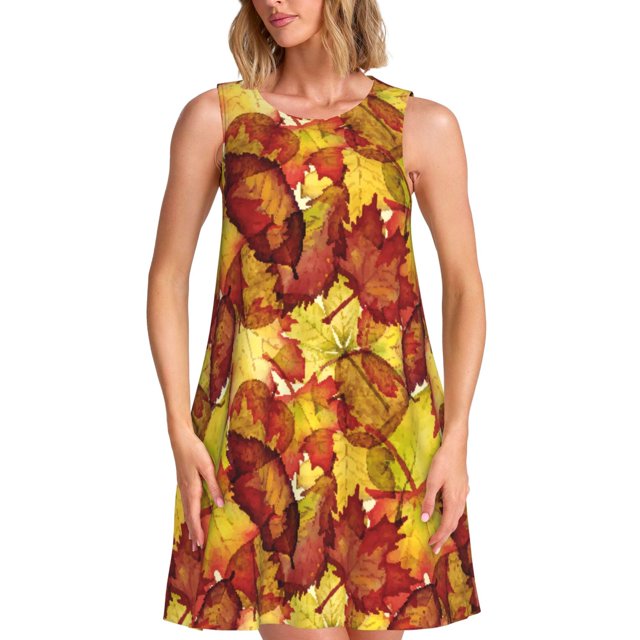 Balery Autumn Mosaic Maple Leaves Vestidos de verano para mujer con estampado: vestido holgado sin mangas, vestido playero informal y cómodo para días calurosos.