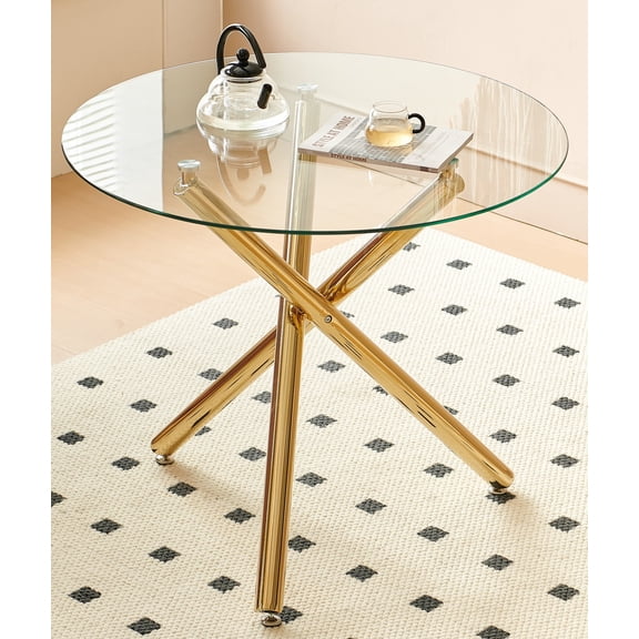 Modern Space Saving Kitchen Dining Table with Cross Metal Leg & Round Glass Top