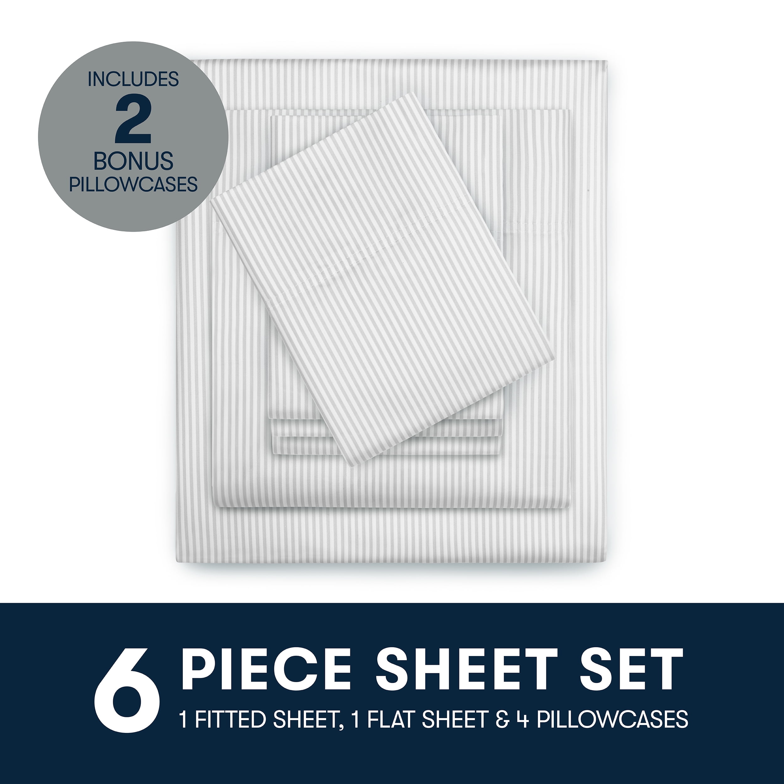 Serta 6-Piece 800 Thread Count Gray Stripe Cotton Rich Adult Bed Sheet Set, Full - Deep Pocket