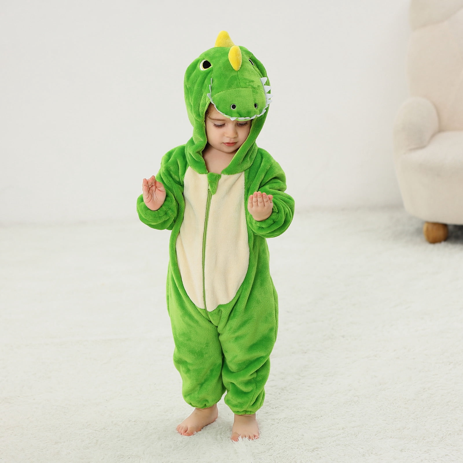 FFENYAN Cute Green Dinosaur Baby Onesie Long Sleeve Flannel Romper Unisex Soft Cozy Outfit for Infants Perfect for Playdates and Everyday Wear for 3 Months-3 Years