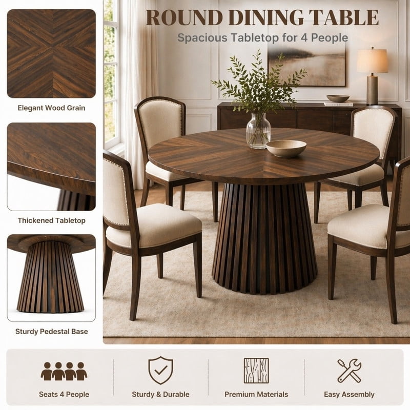 47.24'' Round Wooden Dining Table for 4, Accent Kitchen Dinner Table with Splicing Design Tabletop & Fluted Base