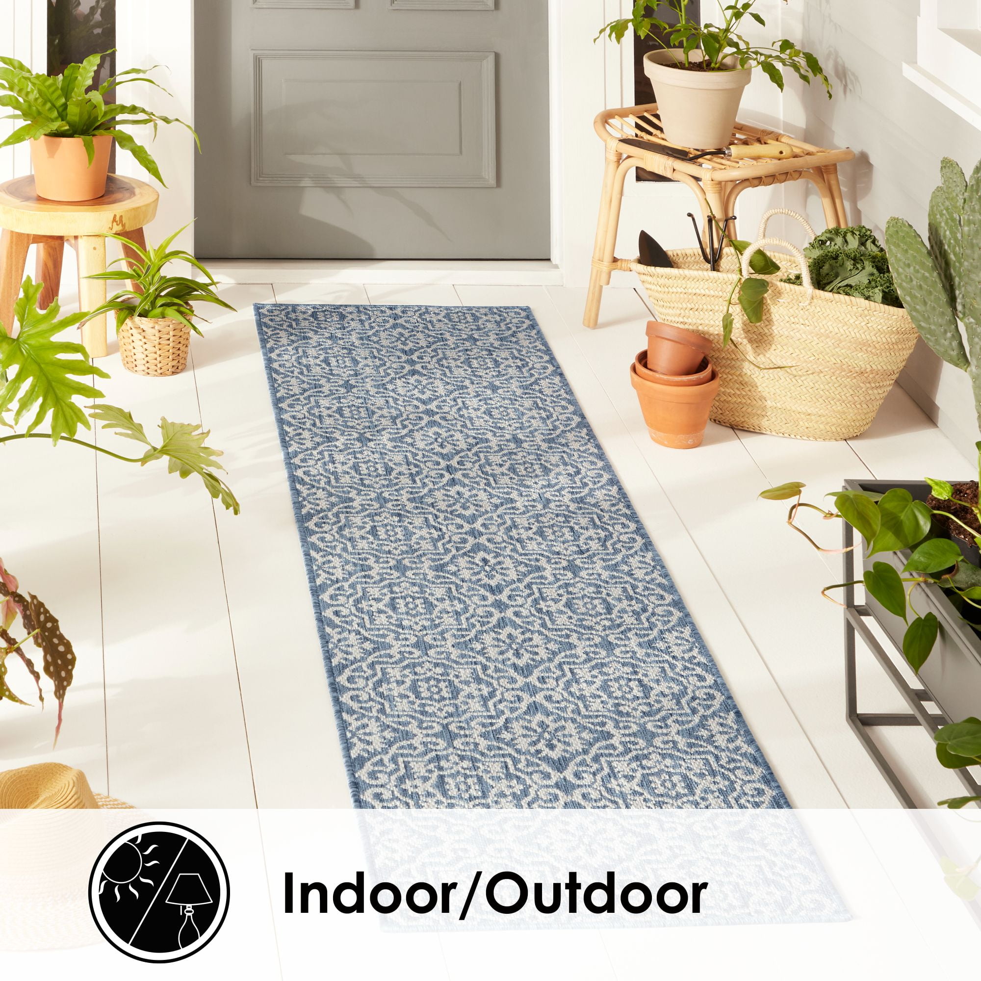 Nicole Miller New York Patio Country Danica Transitional Geometric Indoor/Outdoor Runner Area Rug, Blue/Grey, 1'9"x7'2"