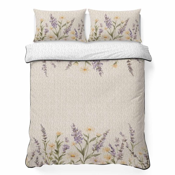 Twin XL Quilt Set, Country Flower Lavender Leaves Lightweight Quilt Sets Summer Comforter Coverlets with 2 Pillow Shams, Retro Linen Breathable 3 Piece Bedding Set for All Seasons