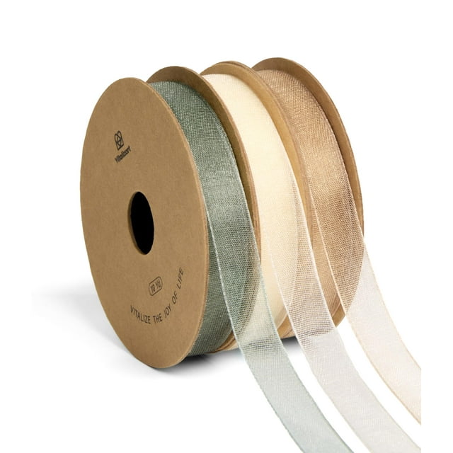 Cinta de organza Vitalizart de 1 cm x 27 m, color crema, blanco y oro rosa