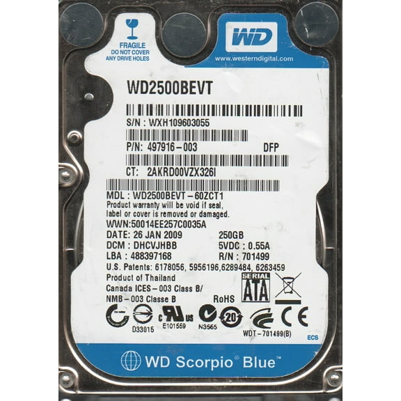 WD2500BEVT-60ZCT1, DCM DHCVJHBB, Western Digital 250GB SATA 2.5 Hard Drive