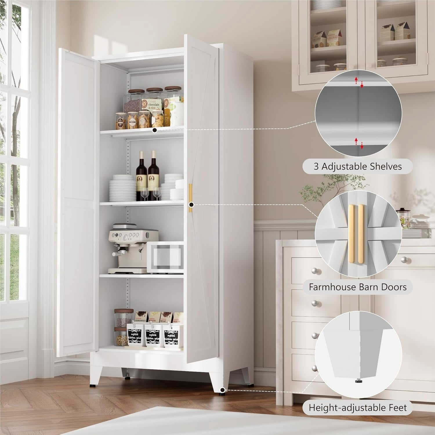 WDZS Large Metal Kitchen Pantry Cabinet with Adjustable Shelves - Freestanding Kitchen Storage Cabinet for Dining Room,Livingroom Bathroom, Hallway, Workshop, Office,White