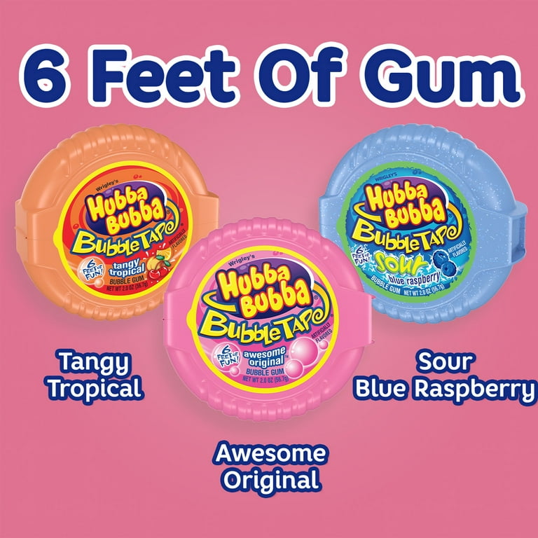 Hubba Bubba Gum Hubba Bubba Original Bubble Tape and Hubba Bubba Sour Blue Raspberry Bubble Tape Bundle | 6 Feet of Gum Each Tape | 2 Original Flavor