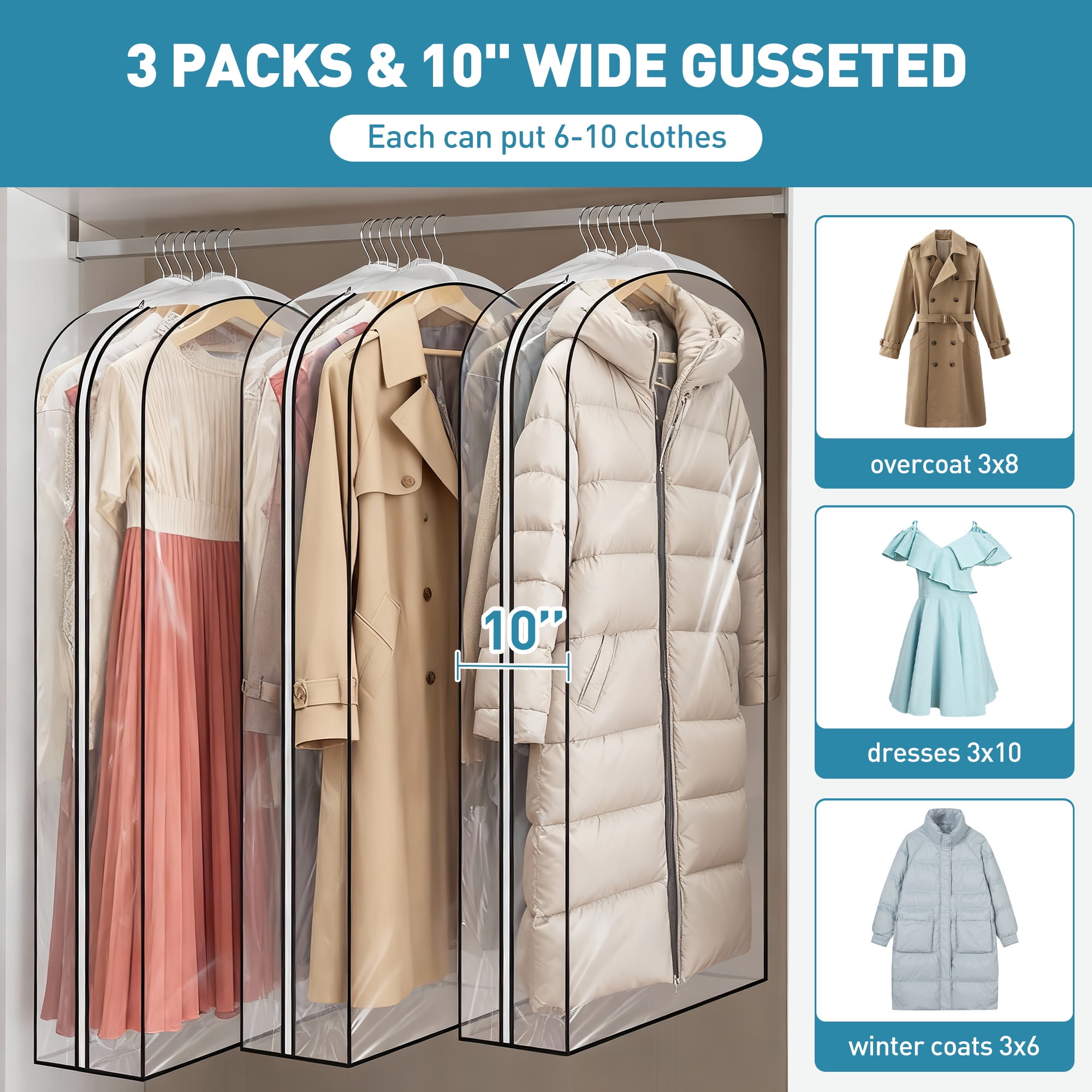 DAKOMM 60'' Extended Garment Bag for Hanging Clothes, 3 Pack 10'' Suit Bag for Storage, PEVA Waterproof & Odorless Garment Covers for Clothes, Gowns, Long Fur Coats, Dresses