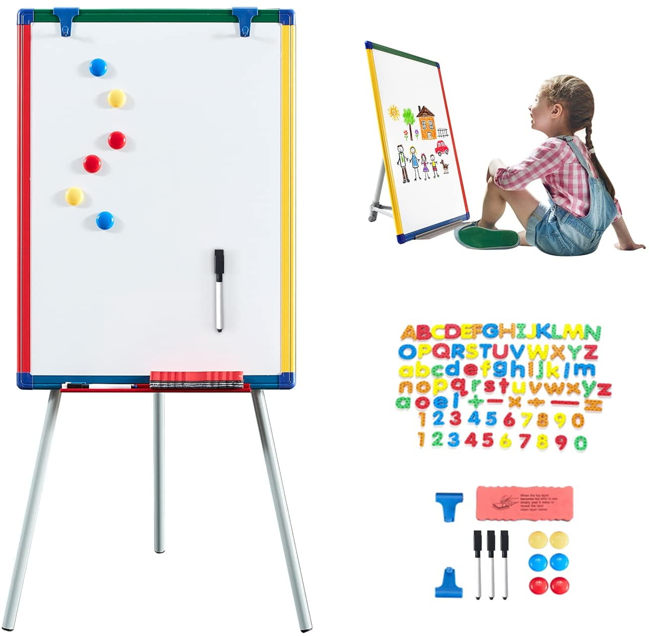 IbexStationers Magnetic Kids Dry Erase Board Whiteboard Easel for Children Home Learning Tools Double Sided Marker Board with Four Color Markers and Eraser Size 12x16 