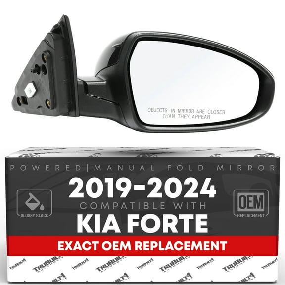 Passenger Side Mirror Replacement - Compatible with 2019-2024 Kia Forte - Powered Adjustment, Manual Fold, Convex Glass - Smooth Black, 12H3P - OEM 87620M7000, KI1321226