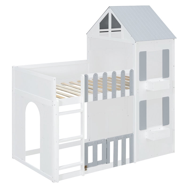 Twin over Twin House-Shaped Bunk Bed with Roof and Window, Kids/Teens Playful Designed Bed Frame with Fence and LED Light