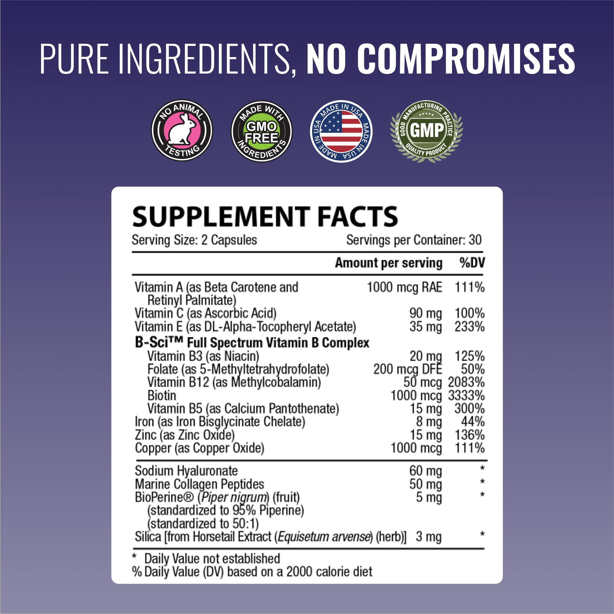Approved Science Hair, Skin and Nails - Support Supplement - Biotin, Collagen, Vitamin B Complex, Silica, BioPerine - 60 Capsules - 1 Month Supply