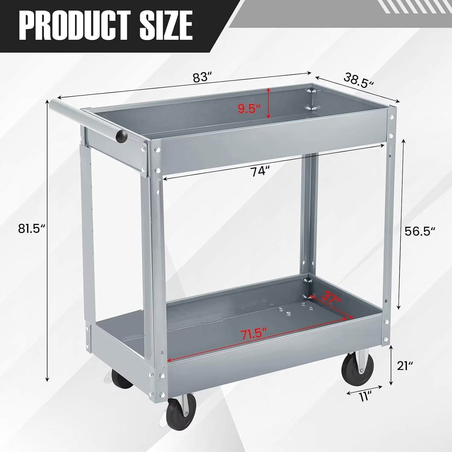 2-Tier Utility Cart, Heavy Duty Steel Rolling Cart, 300lb Multi-Purpose Tool Organizer, Metal Garage Organizer Tool Cart for Warehouse, Garage, Garden, Kitchen