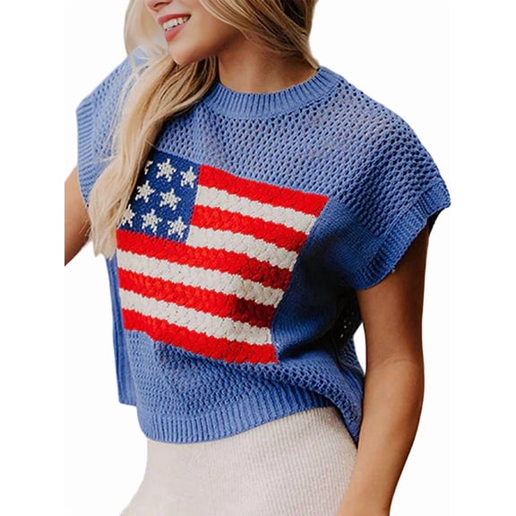 Women'S American Flag Sweater Cap Sleeve Crop Tops Crew Neck Loose Fit Knit Sweater Pullover Top Blue M