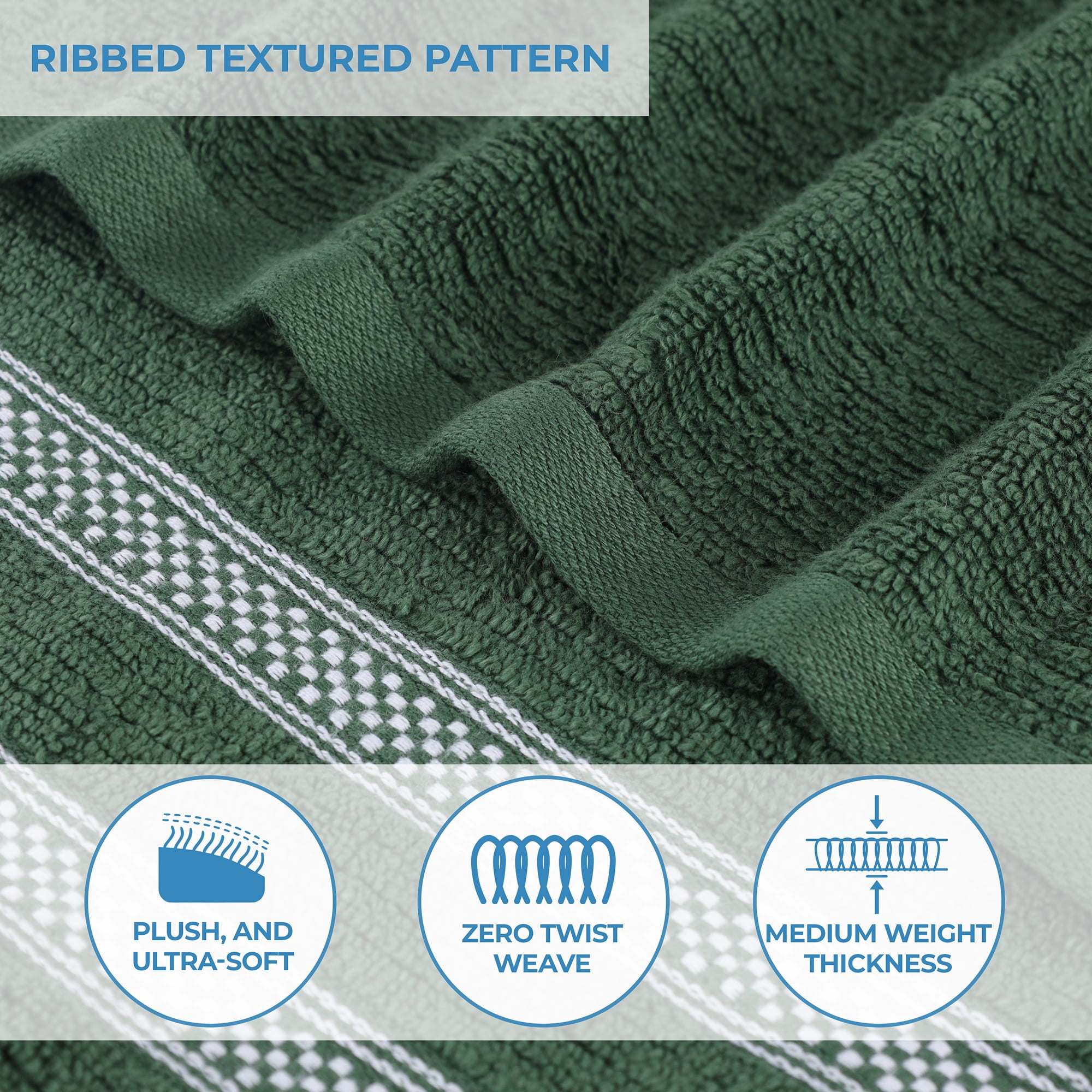 Superior Zero Twist Cotton Ribbed Geometric Hand Towel Set of 6, Ultra Soft Quick Dry, Forest Green