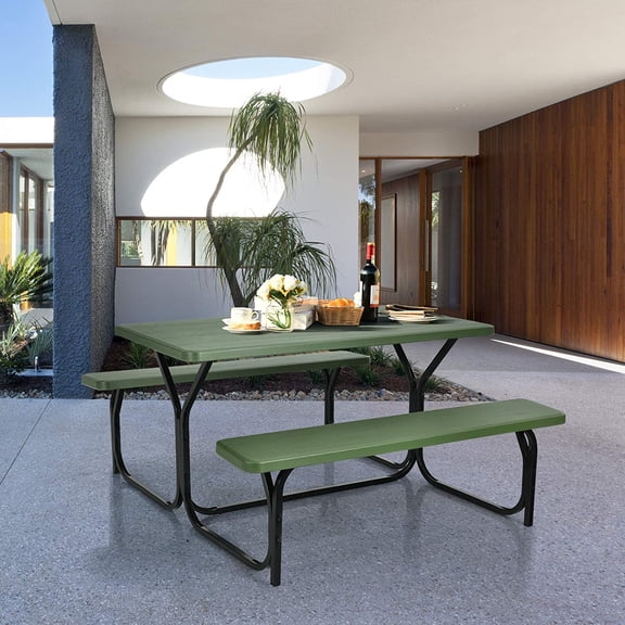 Picnic Table for Outdoors with All-Weather Wood Grain Top and Metal Frame
