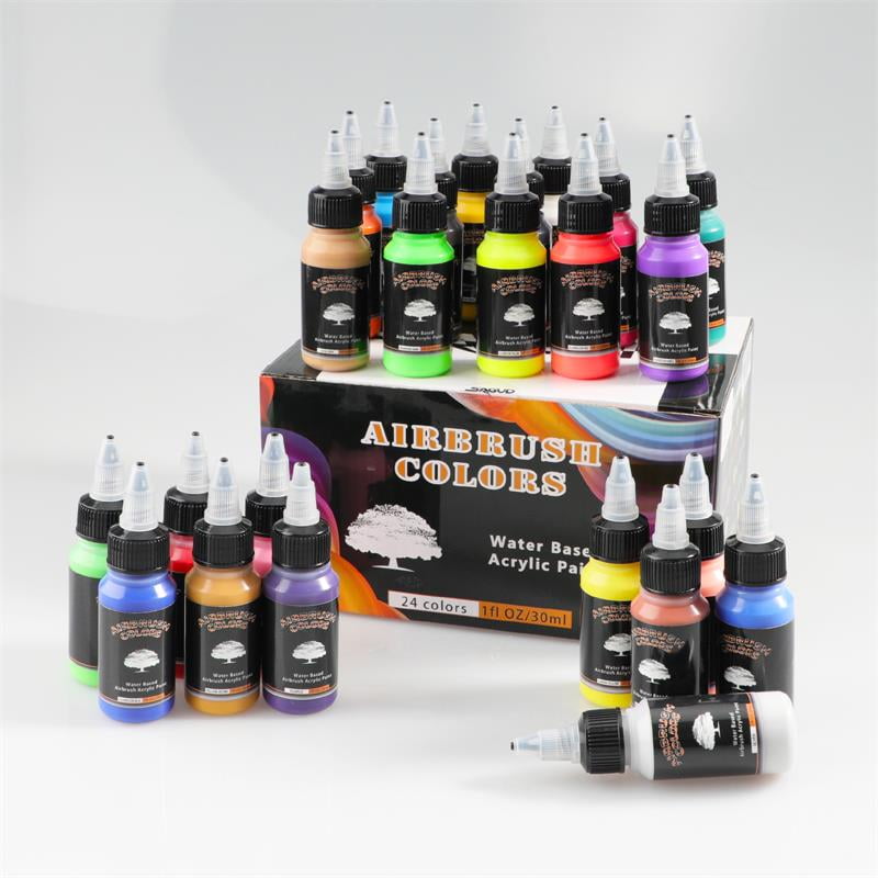 SAGUDIO Airbrush Paint Set 24 Colors (30 ml/1 oz) Opaque & Water Based,Fluorescent Acrylic Paint with Color Wheel - Ready to Spray