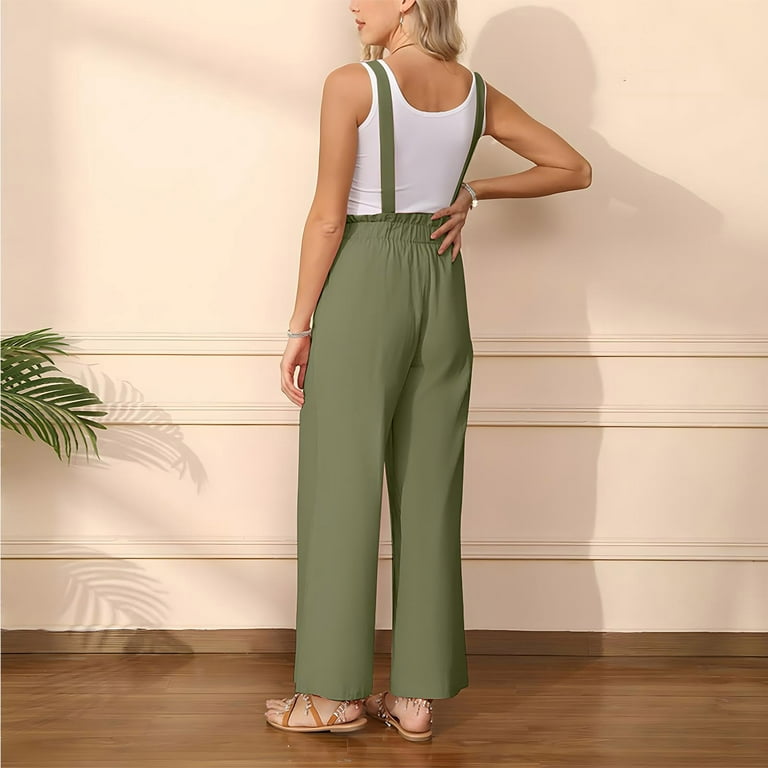 Cotton Strappy Overalls Jumpsuit for Women Adjustment Detachable Suspender Ruffle Wide Leg Rompers
