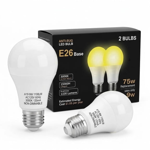 Generic A19 LED Yellow Bug Light Bulbs, 9W, E26 Base, 1100 Lumens, 3000K Warm Amber, 2-Pack