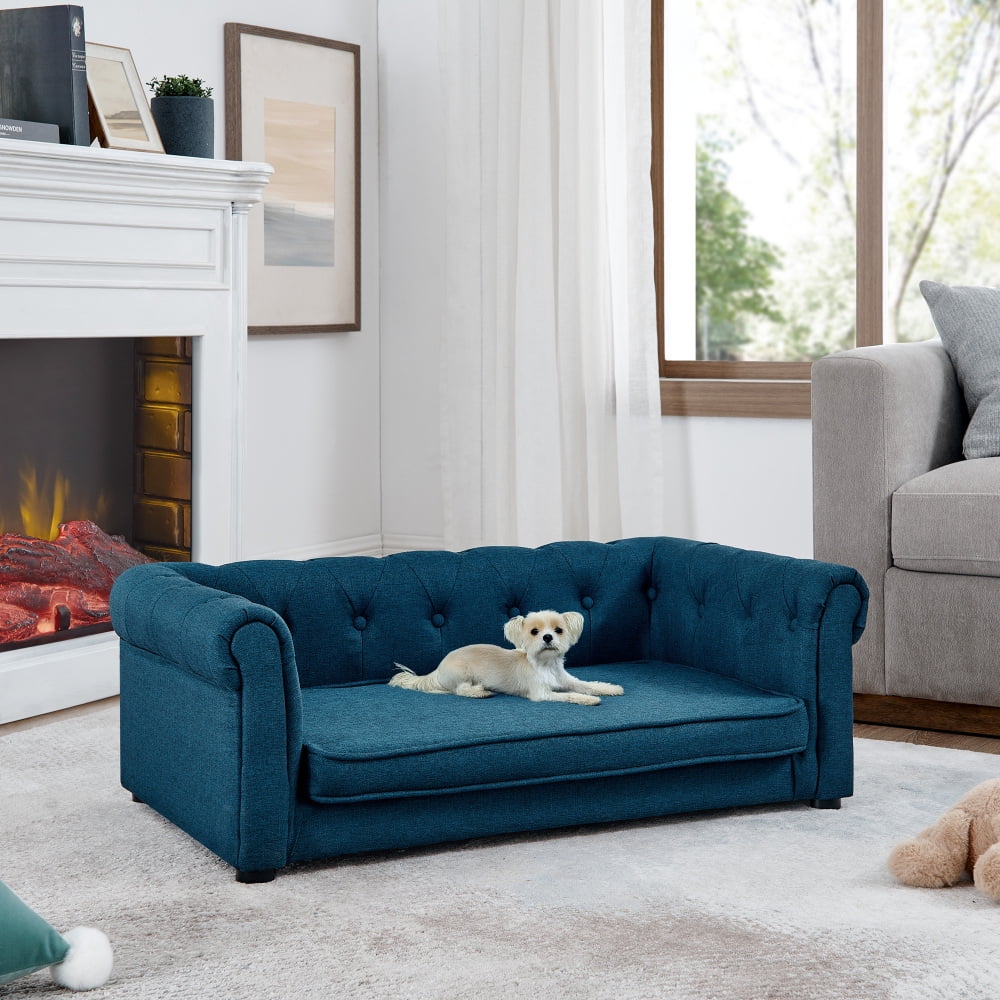 Hassch Pet Couch Bed, Contemporary Linen Fabric Elevated Dog Sofa for Medium/Large Dogs, 250lbs Loading Pet Lounging Bed, 40"L x 23"W x 14"H, Blue