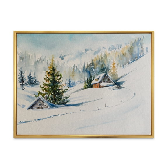 Designart 'The Winter Mountains With Little House' Traditional Framed Canvas Wall Art Print