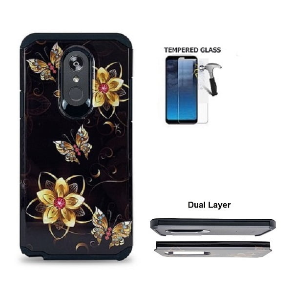 Phone Case for Straight Talk LG Stylo 5 /LG Stylo 5 /LG Stylo 5 Plus /LG Stylo 5V, Patterned Hybrid Shockproof Hard Cover Case + Tempered Glass (Black Gold Butterfly)