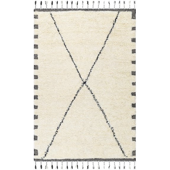 Hauteloom Zajac Wool Living Room, Bedroom Area Rug - Bohemian, Transitional - High Pile - Ivory, Charcoal, Slate Blue - 2' x 3'