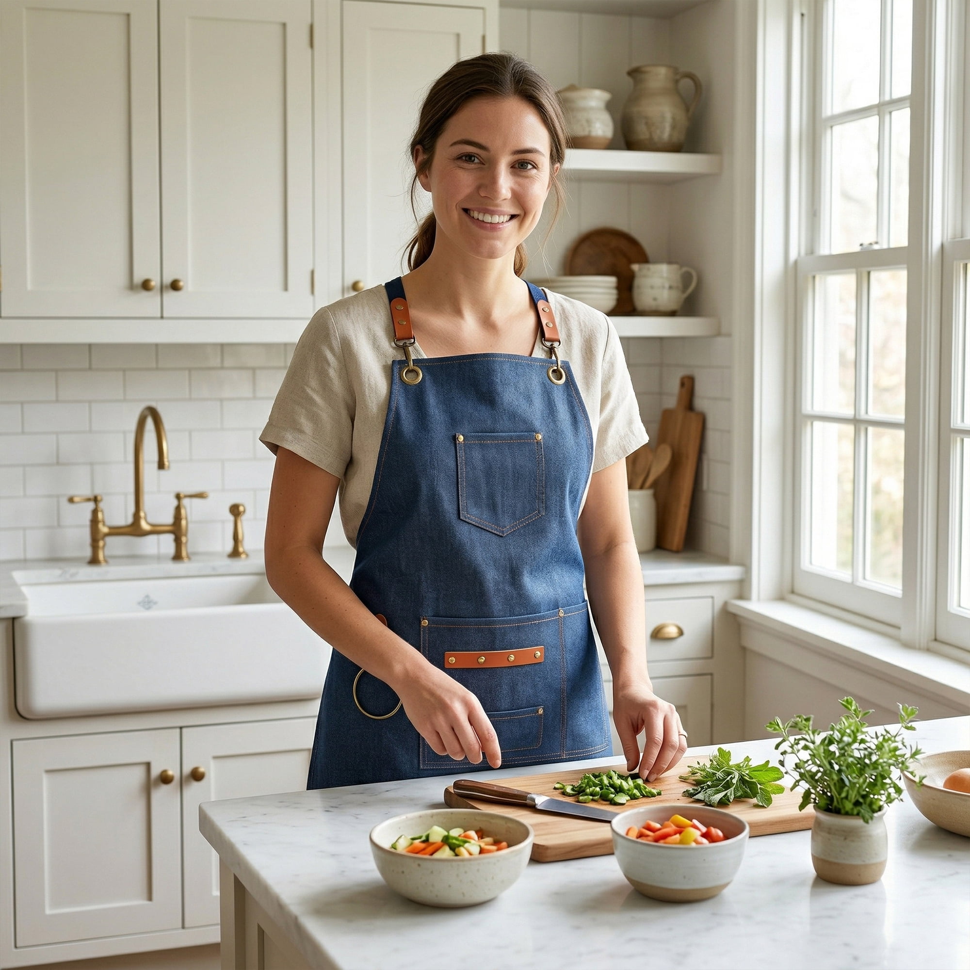 Unique Bargains Adjustable Cooking Apron with Pockets for Home and Kitchen Blue