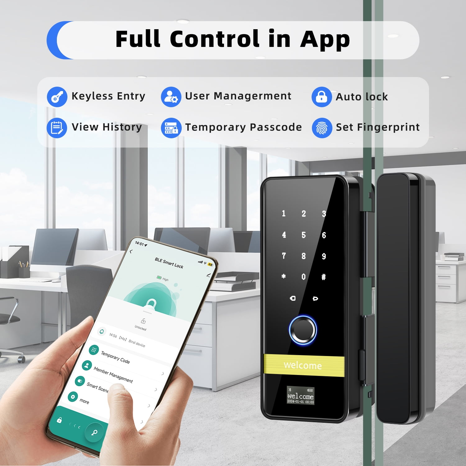 Smart Glass Door Lock,8 in 1 Keyless Entry Fingerprint Deadbolt with App Control,Electronic Deadbolt for Glass Door with Frame,Smart Lock for Glass Front Door/Patio Door/Commercial Glass Door