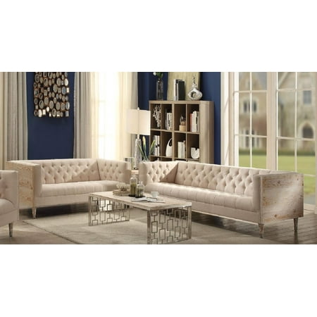 Beige On Tufted Sofa Set 2pcs Wooden Panel Acme Furniture 52805 Portia