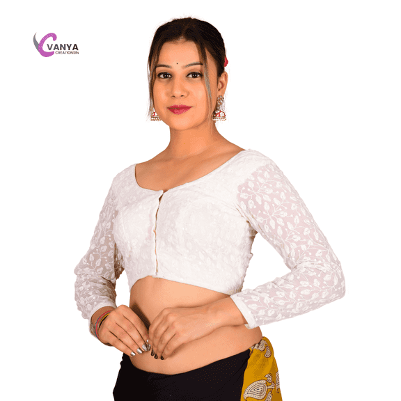 Handmade Chikankari Embroidered Boat Neck Blouse – Full Sleeves Cotton Ethnic Top – Summer Special | Readymade Saree Blouse | Versatile