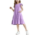 thumbnail image 2 of MKOSPLRT Ruffle Dresses for Girl with Pocket 4-14 Years Ruffle Sleeve Crewneck Tiered Midi Dress Solid Lightweight Swing Dresses, 2 of 9