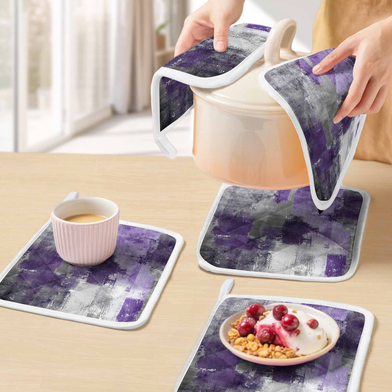 Purple Grey Pot Holders for Kitchen Heatproof Potholder, 3 Pack Modern Oil Painted Abstract Art Aesthetics Hot Pads Multipurpose Oven Pads Cloth Potholders Trivet for Cooking Baking