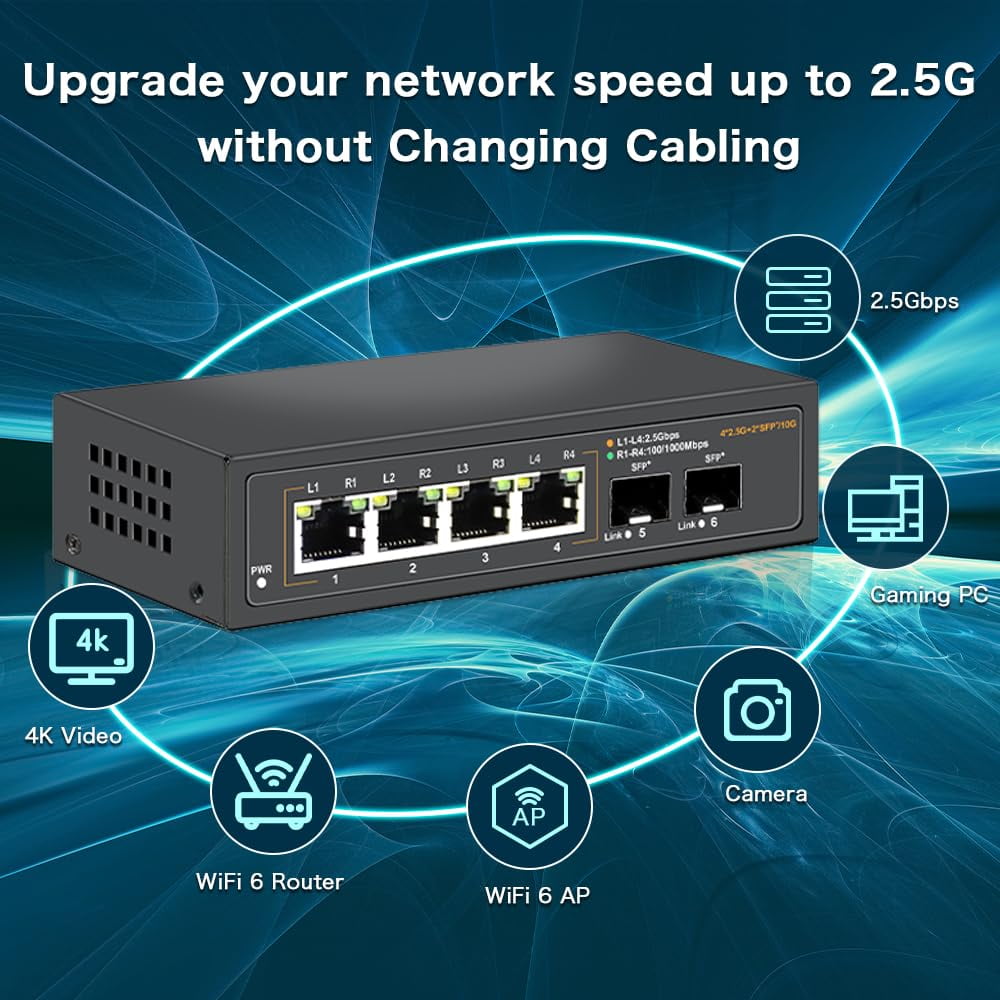 Davuaz 2.5G Unmanaged Ethernet Switch with 4 x 2.5G Base-T Ports and 2 x 10G SFP Uplink Port, Compatible with 100/1000/2500Mbps, Fanlesss Design, Plug & Play, Metal 2.5Gb Network Switch