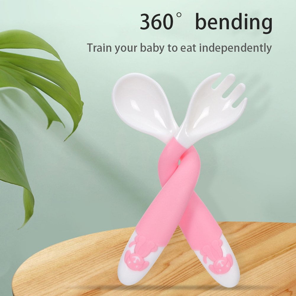 POINTERTECK Baby Utensils Spoons Forks with Travel Safe Case for Toddler Babies, Feeding Training Spoon Easy Grip Bendable Perfect Self Feeding Learning Stand Spoons Forks Pink