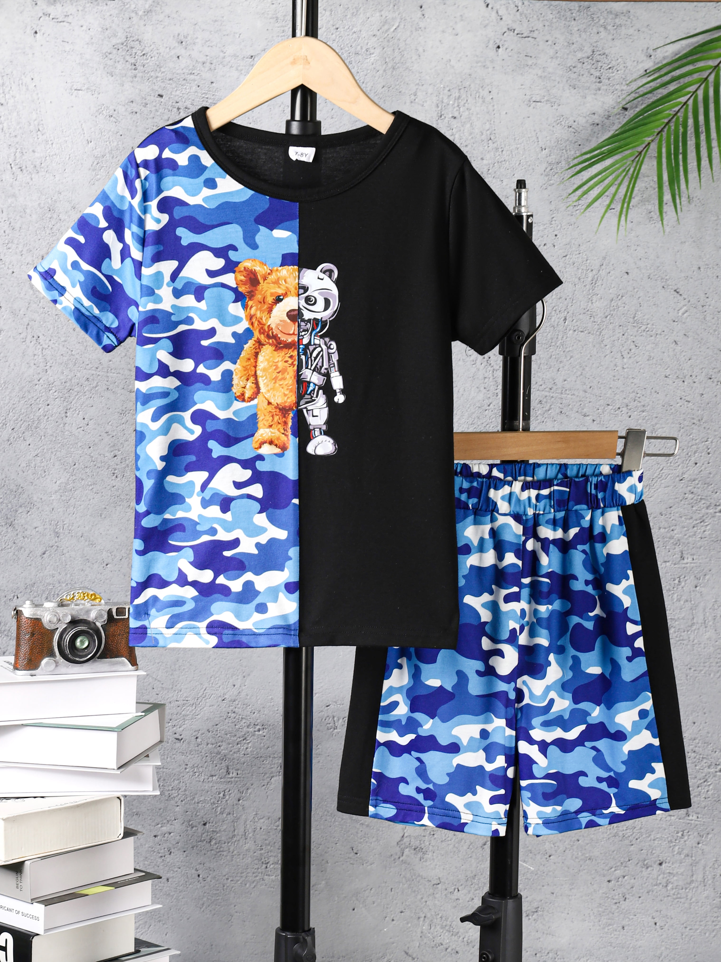 Mikrdoo Kids Boys Clothes Clearance Shorts Sets 7 Years Big Boys Bear Pattern Splice Camouflage Print T-shirt Tops 8 Years Boys Elastic Shorts 2Pcs Outfits For Summer Blue