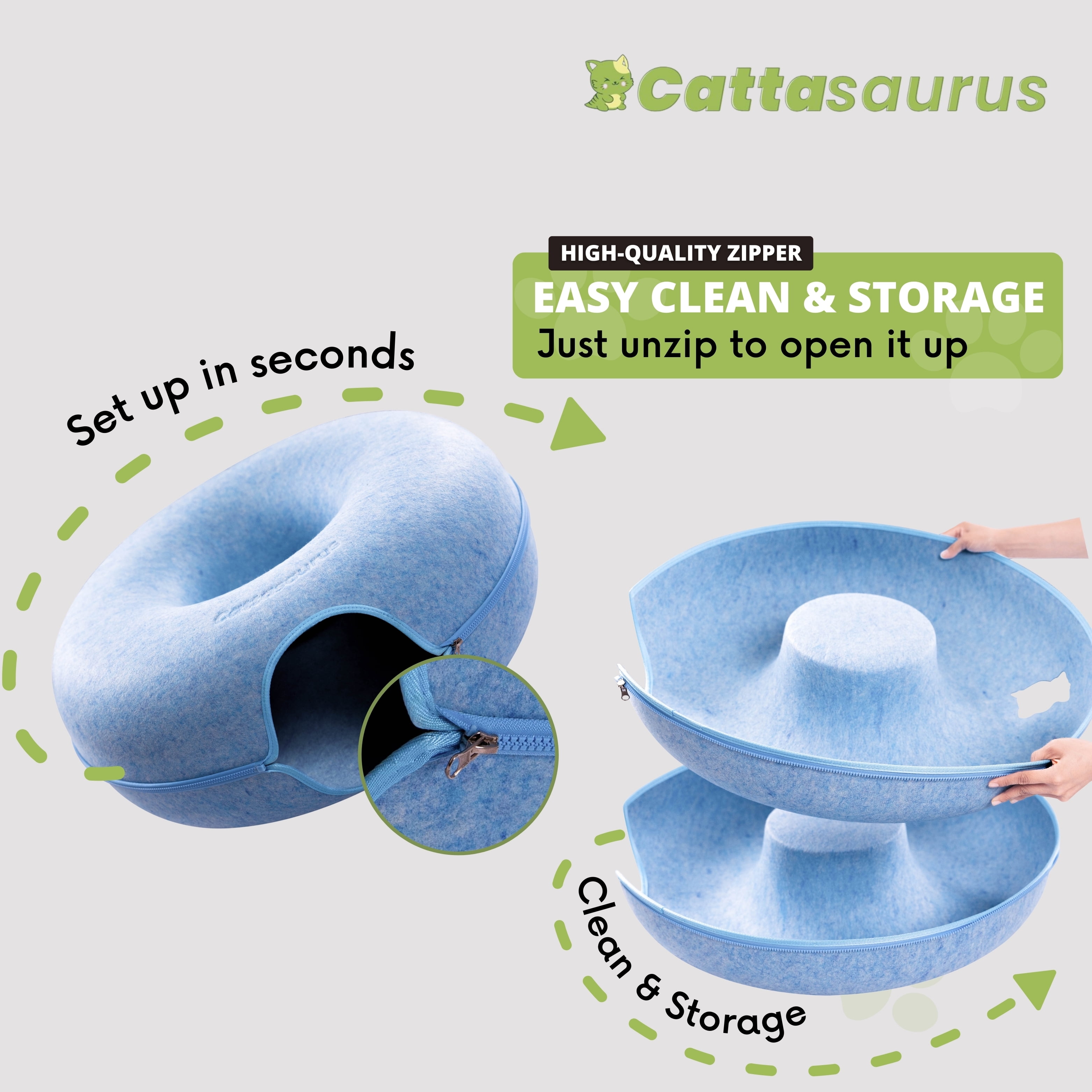 Cattasaurus Peekaboo Cat Cave Tunnel Bed for Cats up to 45 lbs (Blue, Jumbo)