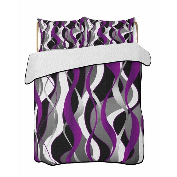 Quilts Twin-XL Size Bedding Set, Modern Geometric Lightweight Quilted Comforter, Abstract Minimalist Lines Purple Black Soft Reversible Bedspread Coverlet with Pillow Covers for All Season, 68" x 98"