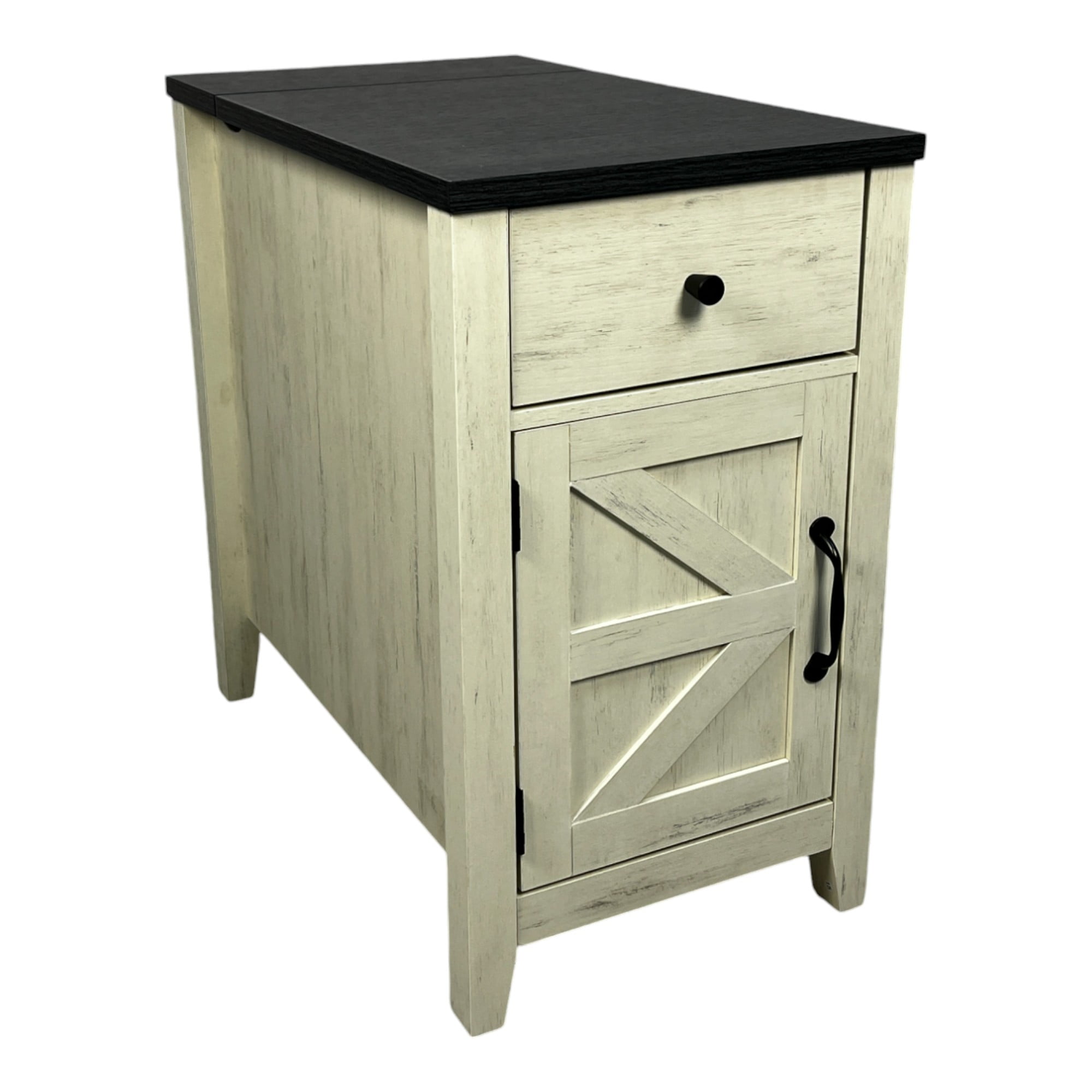 Farmhouse End Table Bedside Table with Charging Station,Night Stand with Barn Door and Drawer, Storage for Bedroom Living Room ,Bedside Table, White+Black color
