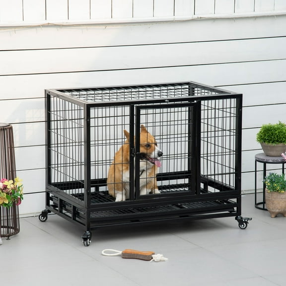 PawHut 36" Heavy Duty Dog Crate, Indestructible Dog Cage Kennel with Removable Tray, Lockable Wheels and 2 Doors, Black