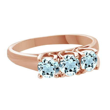 Round Cut Simulated Aquamarine CZ Three Stone Solitaire Ring in 14k Rose Gold Over Sterling Silver (1 Cttw) By Jewel Zone US