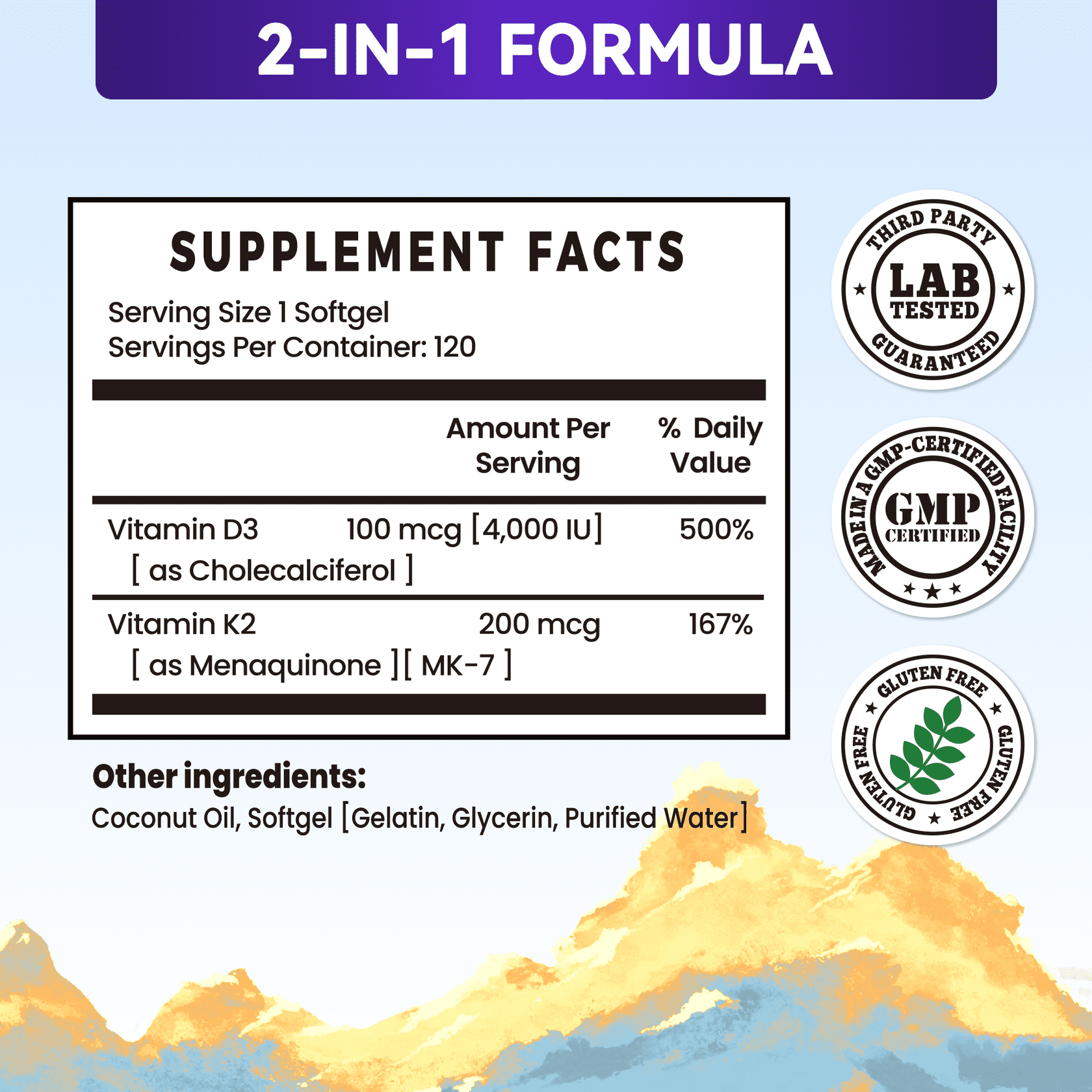 2 Pack Vitamin D3 K2 4,000 IU, 200 mcg MK-7, 240 Coconut Oil Softgels, 2 in 1 Vitamins Supplement, Easy to Swallow