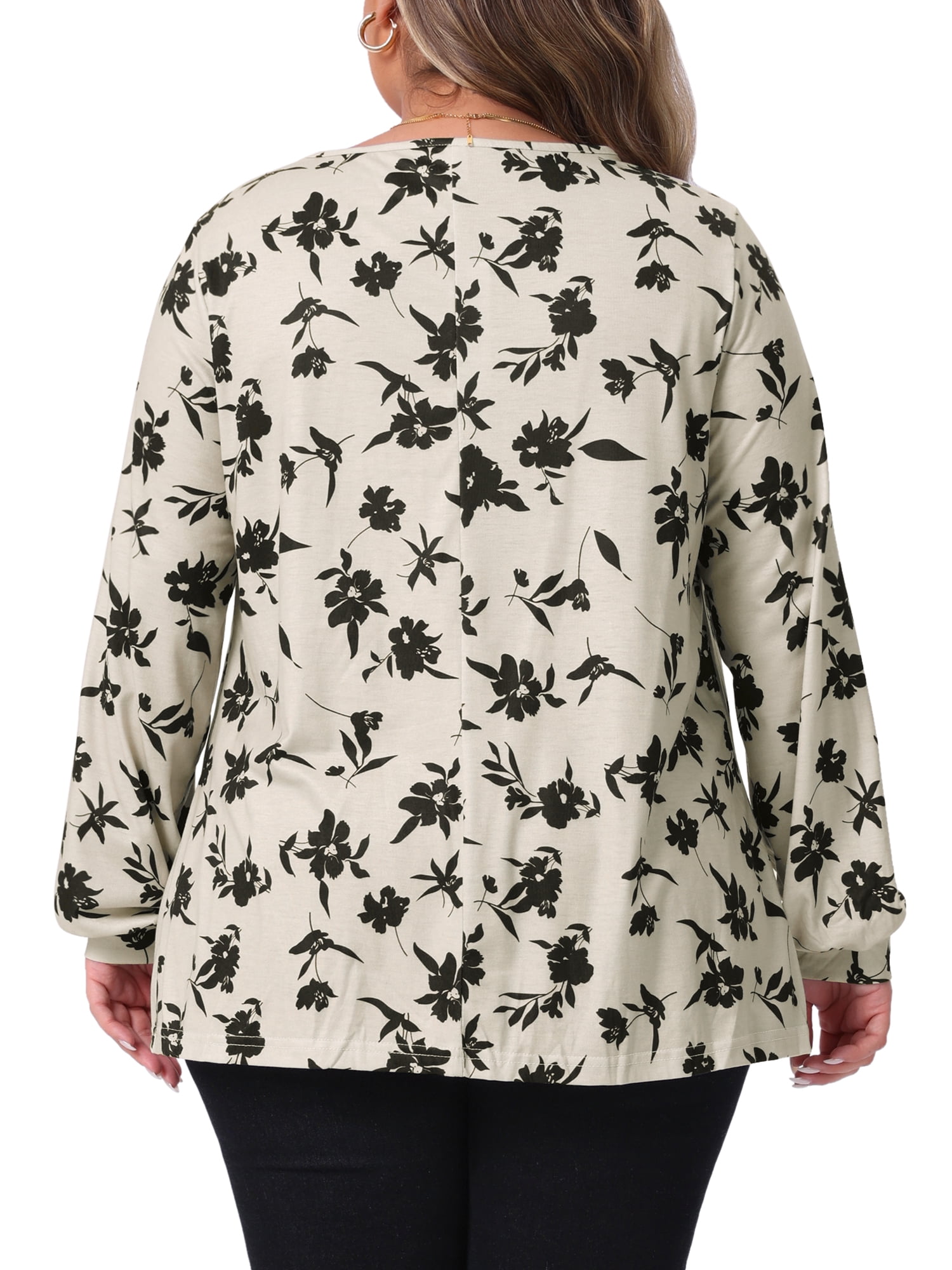 DARING DIVA Women's Plus V Neck Keyhole Pleated Floral Blouse 1X Beige