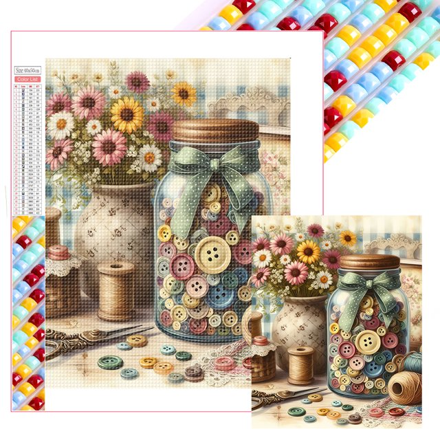 (ZQA3883) Lleno Diamantes Botones Costura Serie Naturaleza Muerta Cuadrado Resina Diamante 40*50 CM Tamaño Lienzo 45*55 CM
