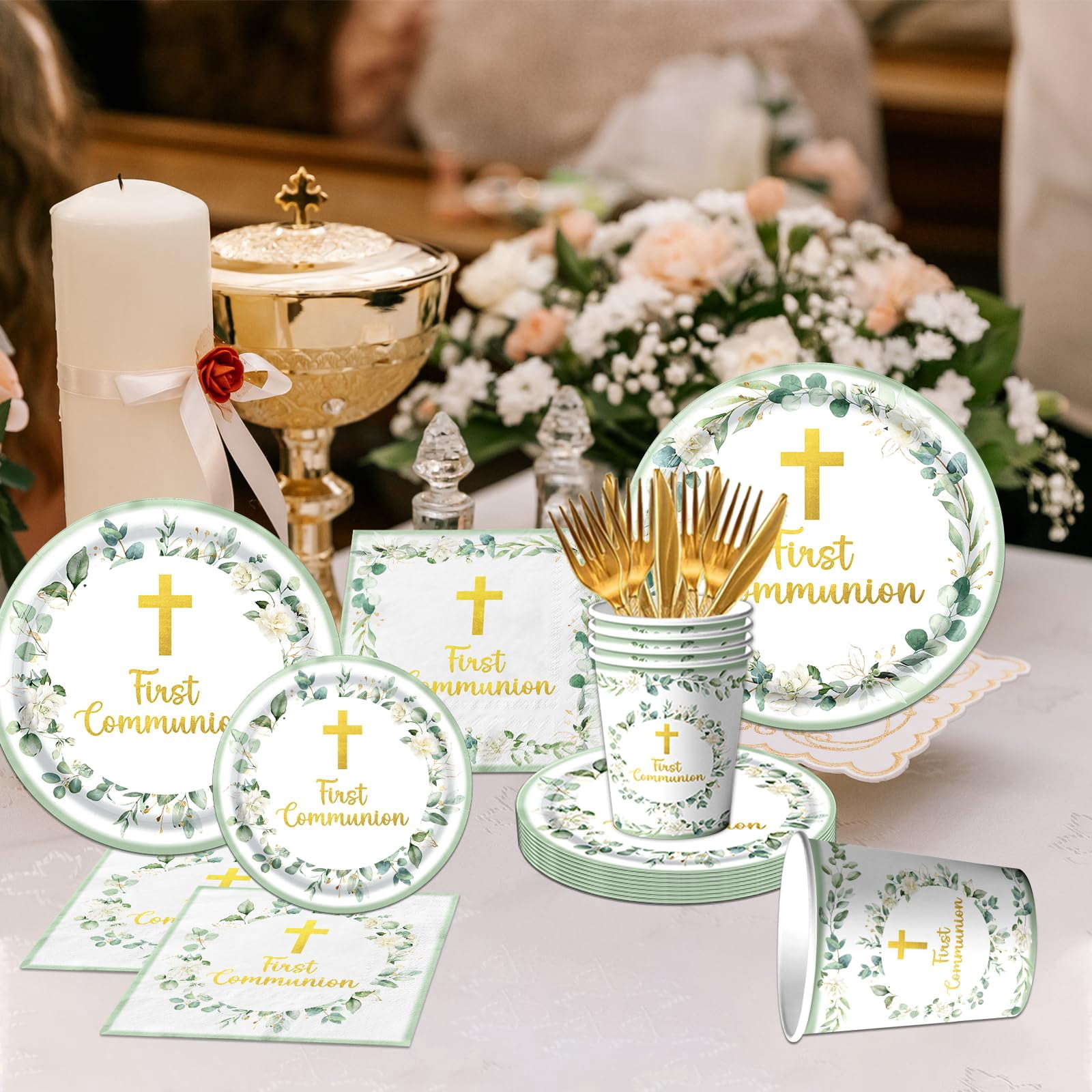 Communion Decorations – Includes 9" & 7" Plates, Napkins, Cups, Cutlery, Serves 25, for First Holy Communion, Baptism, Primera Comunion Party, Available in Pink, Blue, or Green
