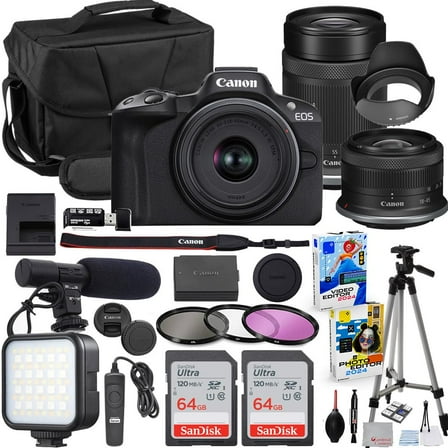 Canon EOS R50 Mirrorless Camera with 18-45mm & 55-210mm Lens Bundle   2X 64GB Memory Cards   Accessory Kit Including Shoulder Bag, LED Light, Microphone, Software & More
