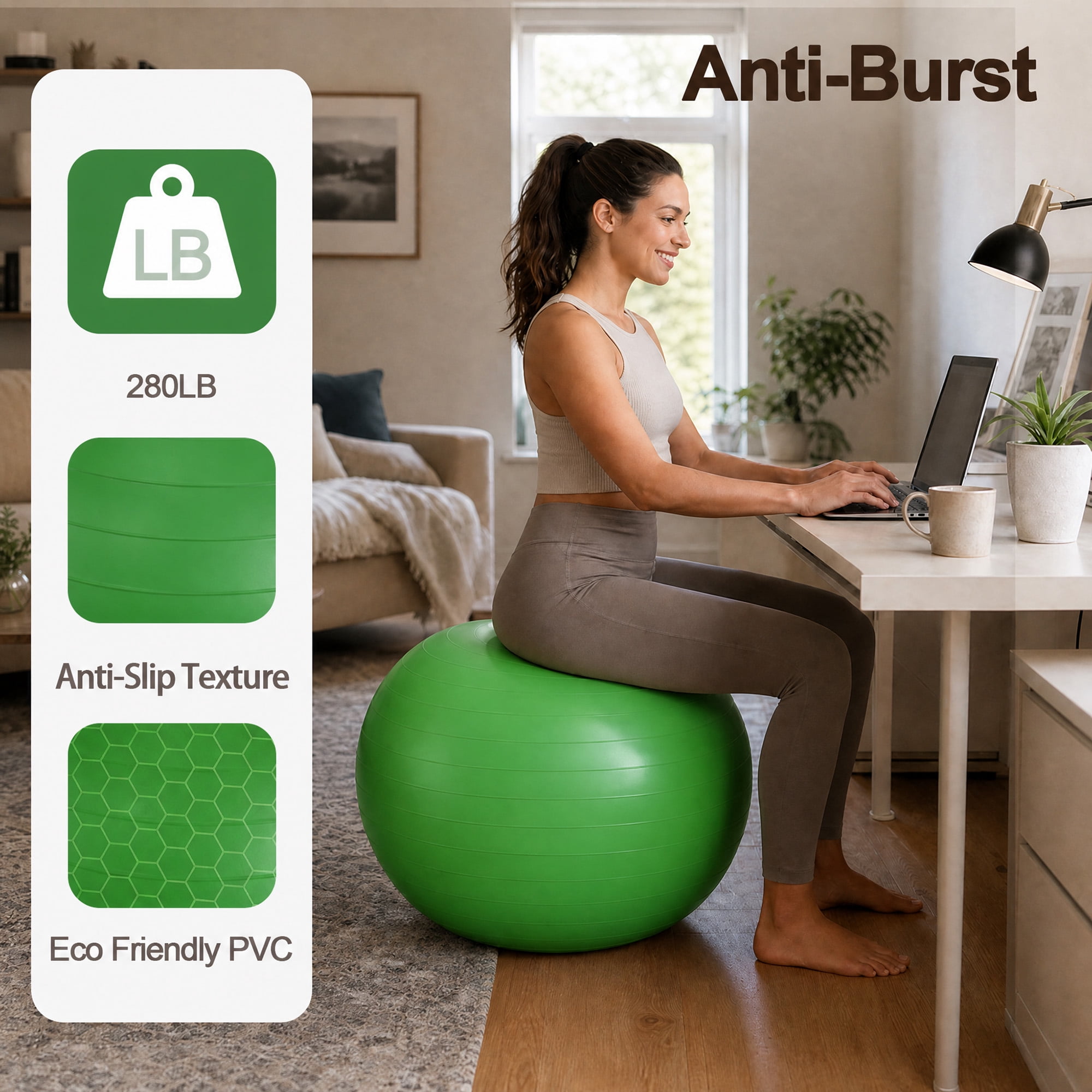 Signature Fitness 45 cm Yoga Exercise Ball with Foot Pump, Anti-Burst Slip-Resistant Stability Ball for Pregnancy, Pilates, Fitness, Balance & Core Workouts, Green